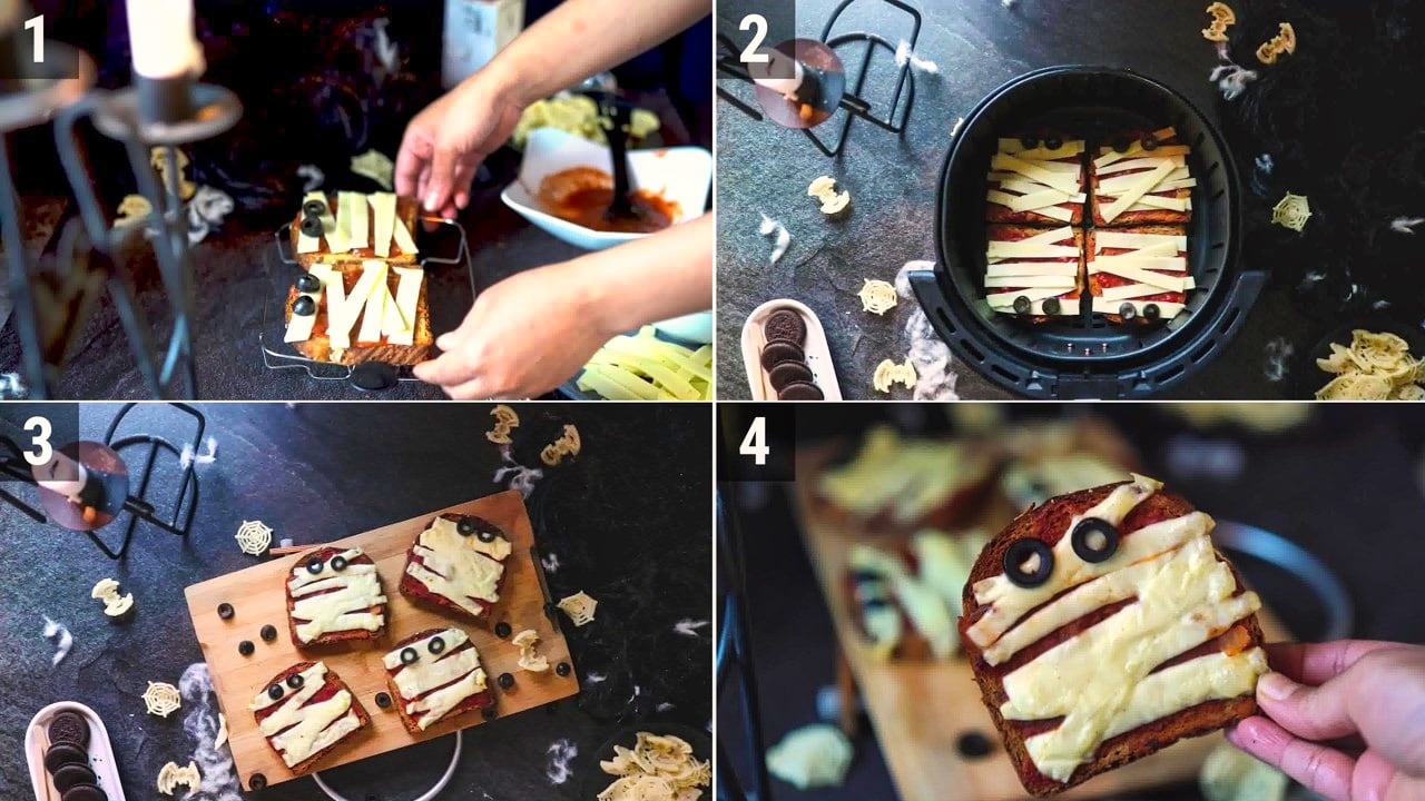 Image of the cooking step-1-3 for Halloween Mummy Pizza Toast