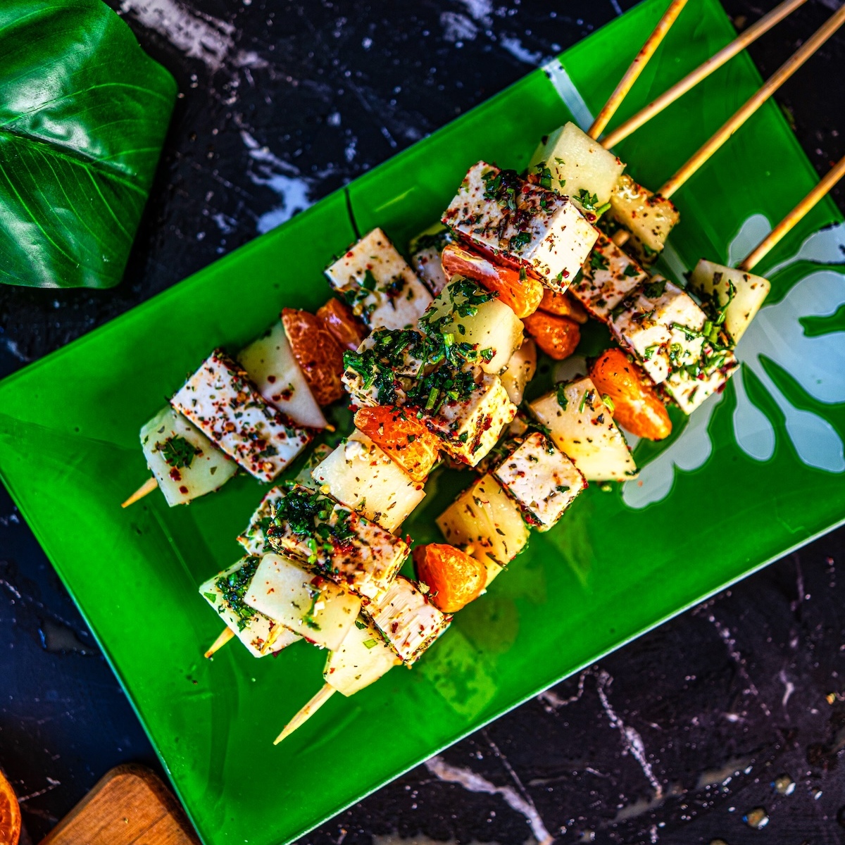 Honeydew Melon Feta Skewers with Orange Mustard Vinaigrette