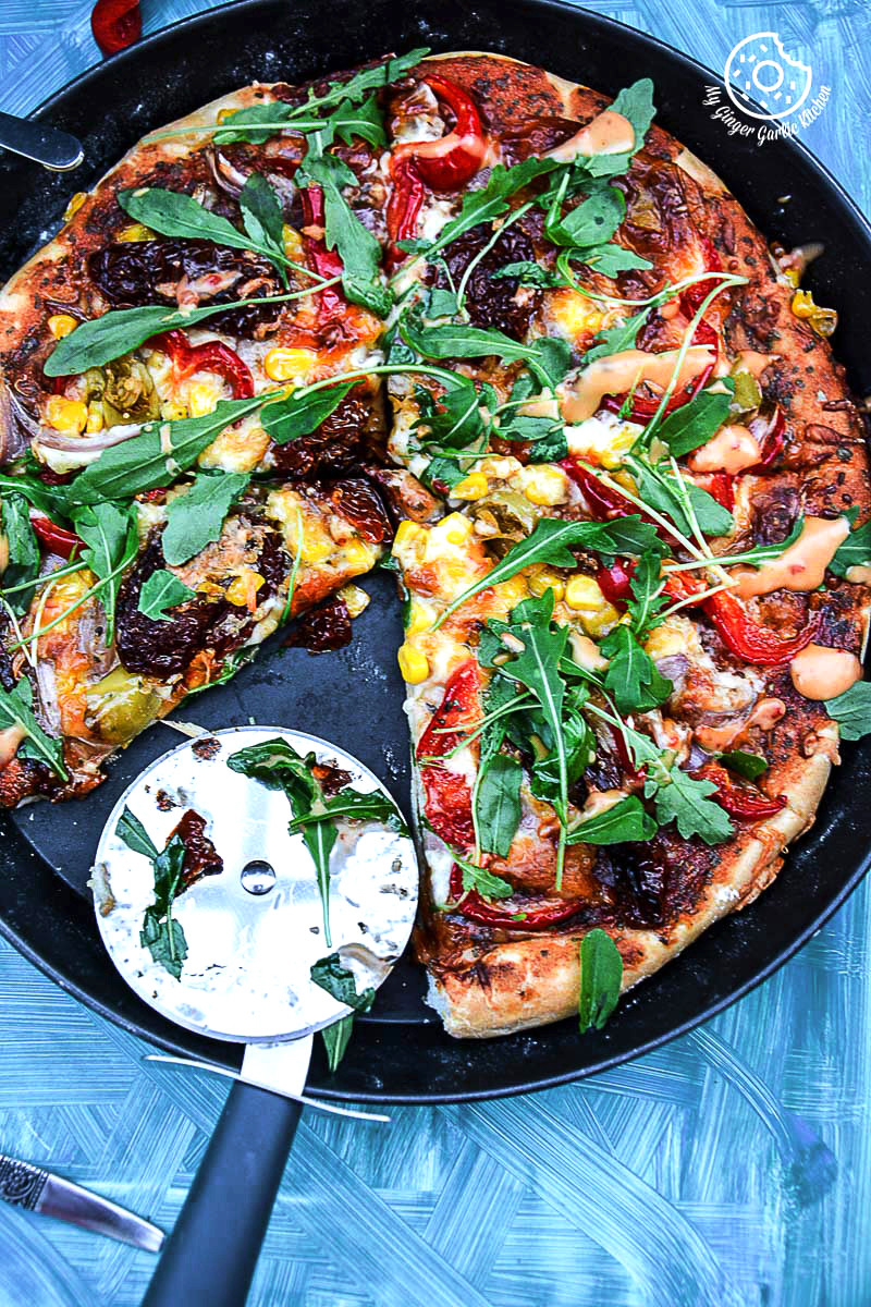 recipe-Pepper-Corn-Arugula-Pizza-with-Sun-Dried-Tomatoes-and-Mayonnasie-Pepper|mygingergarlickitchen.com/ @anupama_dreams