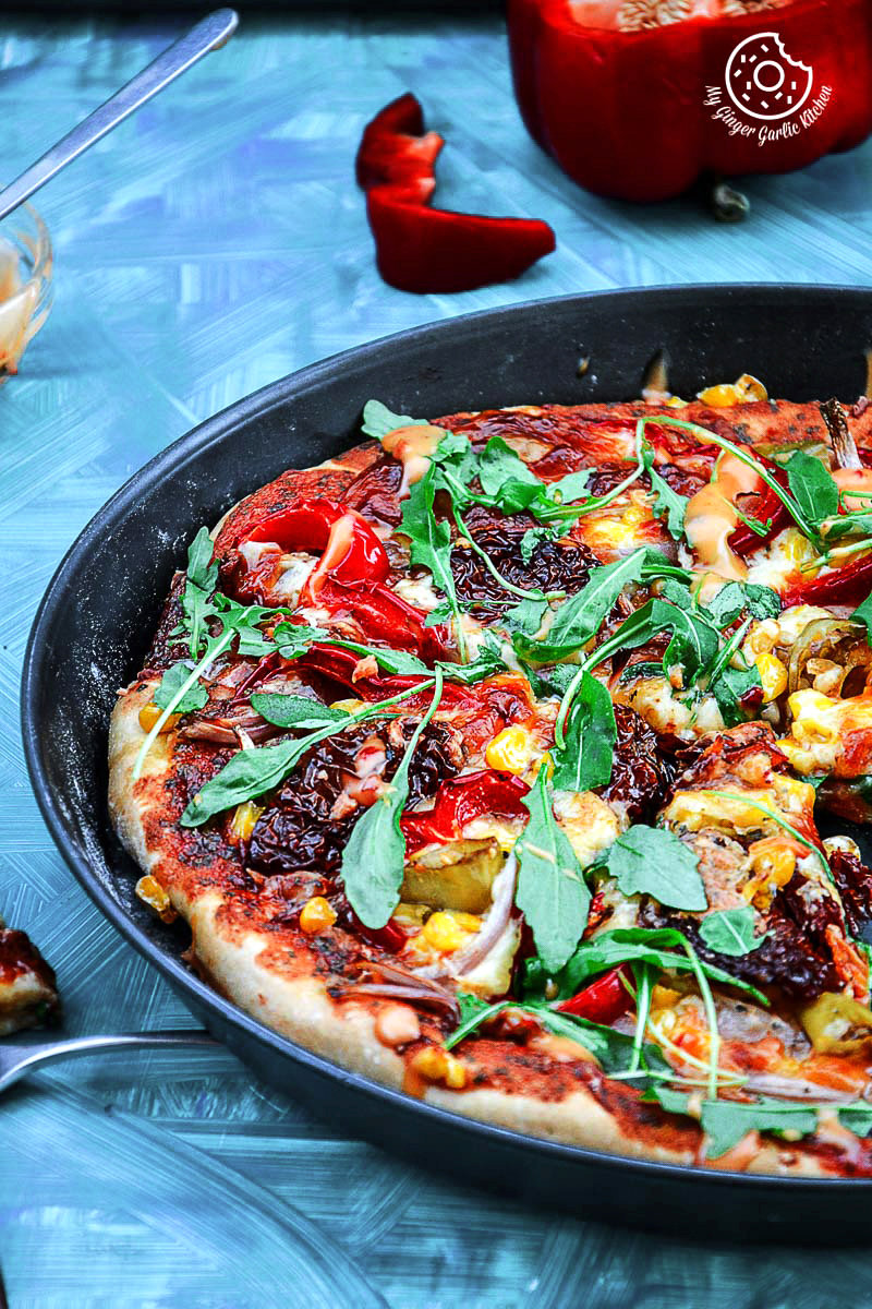 recipe-Pepper-Corn-Arugula-Pizza-with-Sun-Dried-Tomatoes-and-Mayonnasie-Pepper|mygingergarlickitchen.com/ @anupama_dreams