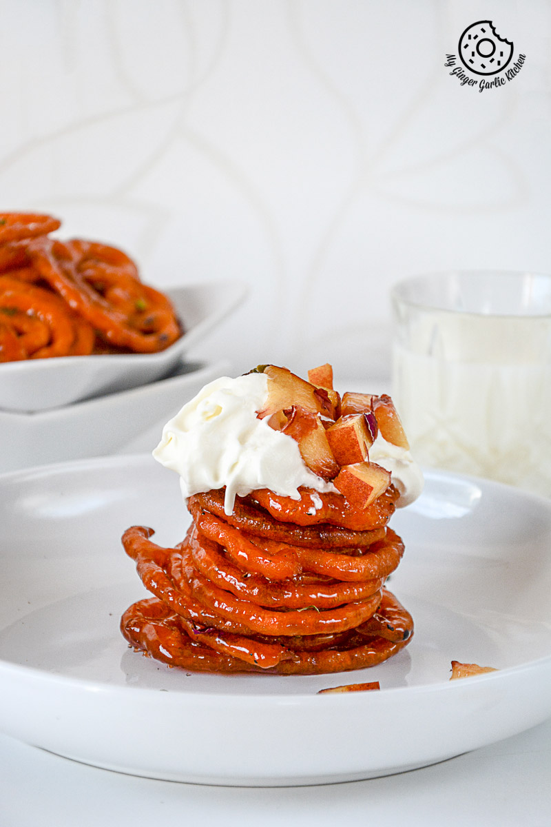 recipe-Instant-Peach-Jalebi-Topped-with-Whipped-Cream-and-Peaches|mygingergarlickitchen.com/ @anupama_dreams