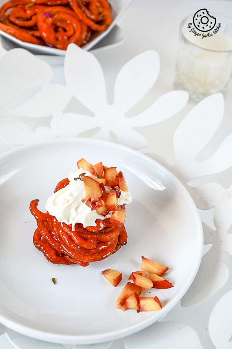 recipe-Instant-Peach-Jalebi-Topped-with-Whipped-Cream-and-Peaches|mygingergarlickitchen.com/ @anupama_dreams