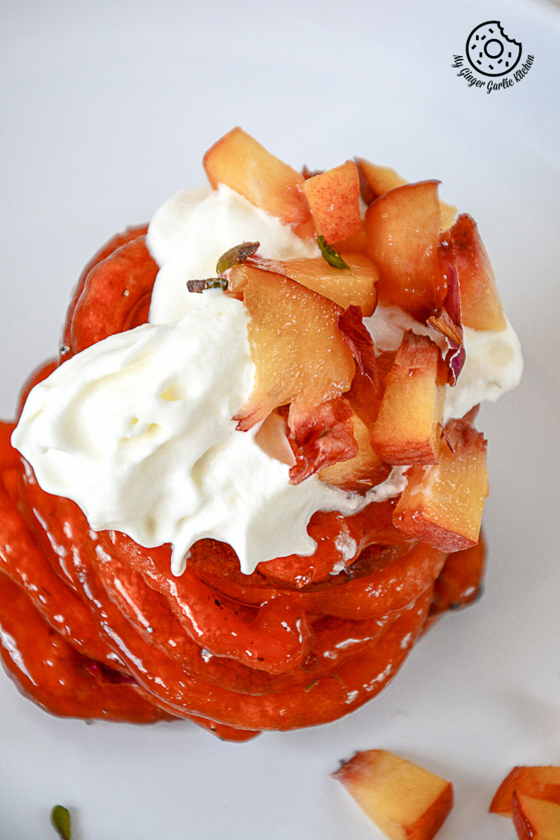 recipe-Instant-Peach-Jalebi-Topped-with-Whipped-Cream-and-Peaches|mygingergarlickitchen.com/ @anupama_dreams
