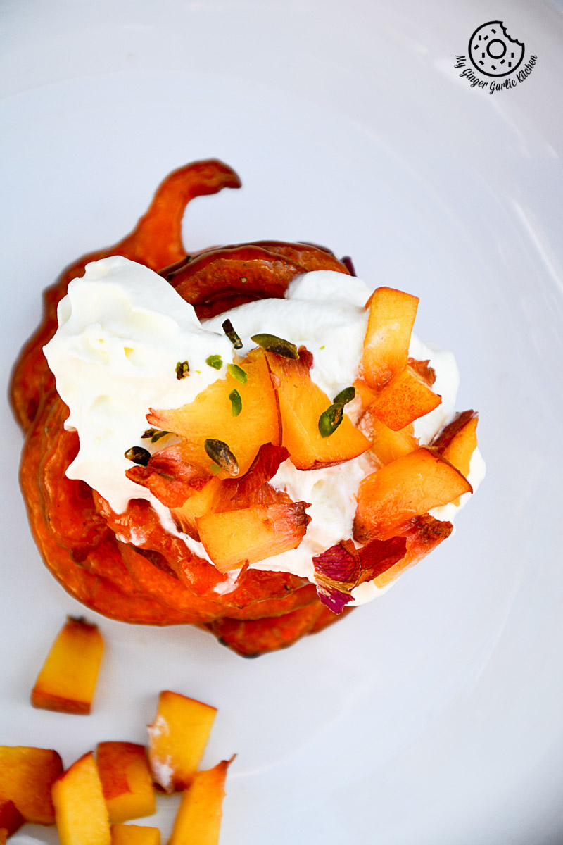 recipe-Instant-Peach-Jalebi-Topped-with-Whipped-Cream-and-Peaches|mygingergarlickitchen.com/ @anupama_dreams