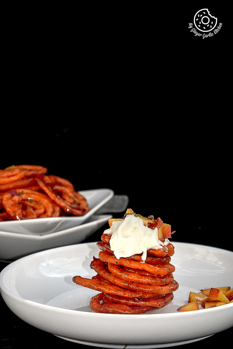 recipe-Instant-Peach-Jalebi-Topped-with-Whipped-Cream-and-Peaches|mygingergarlickitchen.com/ @anupama_dreams