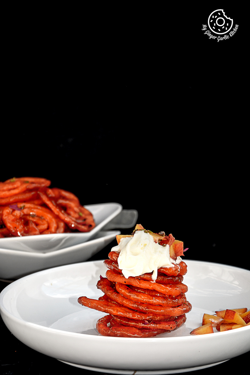recipe-Instant-Peach-Jalebi-Topped-with-Whipped-Cream-and-Peaches|mygingergarlickitchen.com/ @anupama_dreams