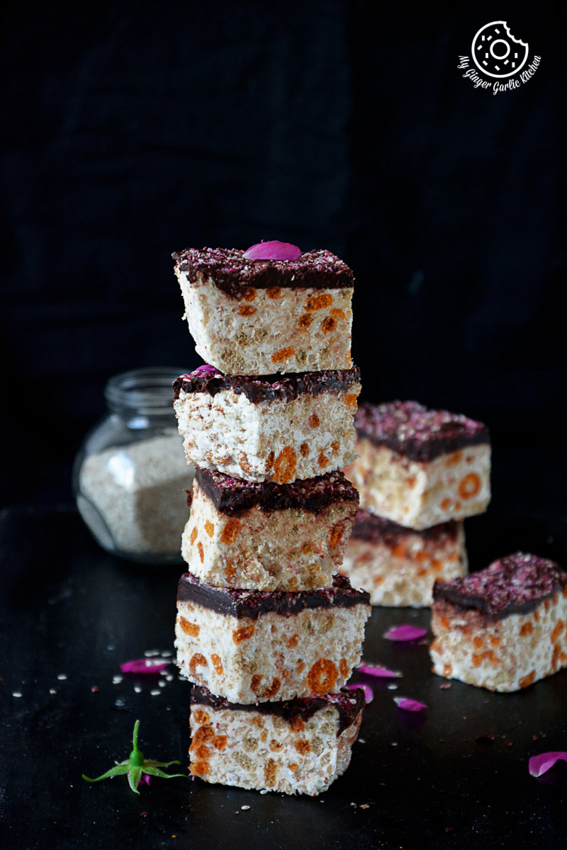 recipe-Toasted-Coconut-Sesame-Rice-Krispie-and-Multigrain-Cheerios-Dark-Chocolate-Bars|mygingergarlickitchen.com/ @anupama_dreams