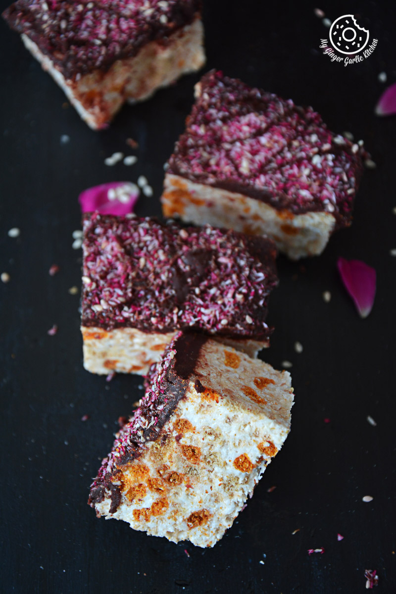 recipe-Toasted-Coconut-Sesame-Rice-Krispie-and-Multigrain-Cheerios-Dark-Chocolate-Bars|mygingergarlickitchen.com/ @anupama_dreams