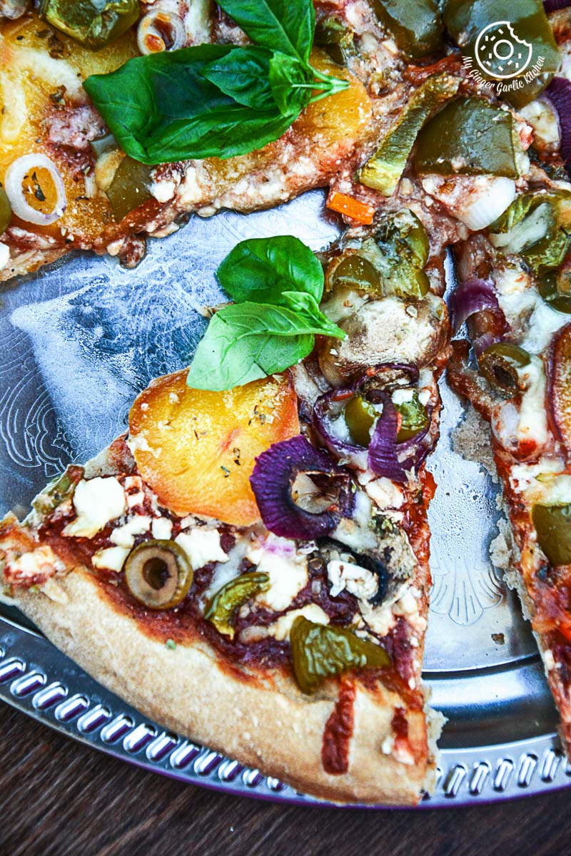 recipe-Wholewheat-Peac-hMushroom-Pizza-with-Feta-and-Fresh-Basil|mygingergarlickitchen.com/ @anupama_dreams