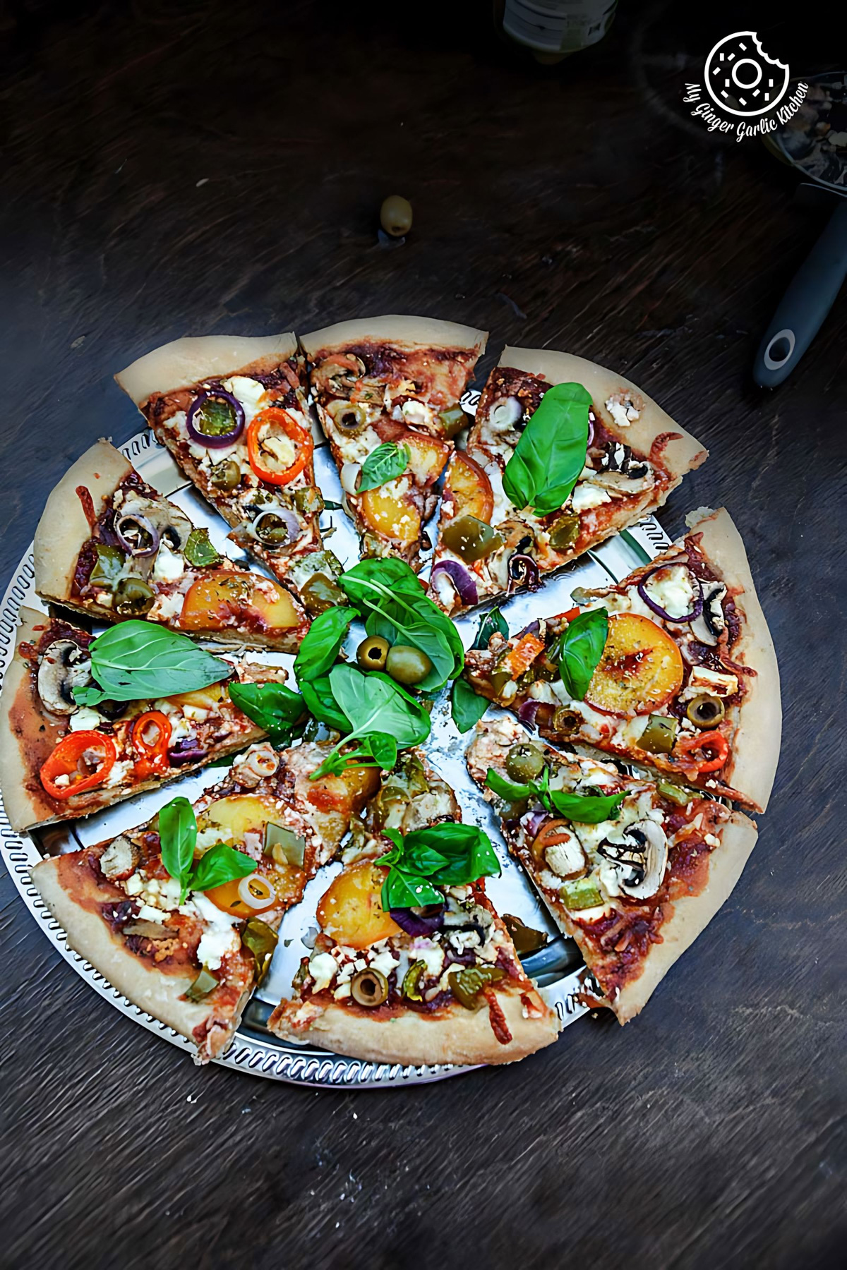 Image of Whole-wheat Peach Mushroom Pizza with Feta and Fresh Basil