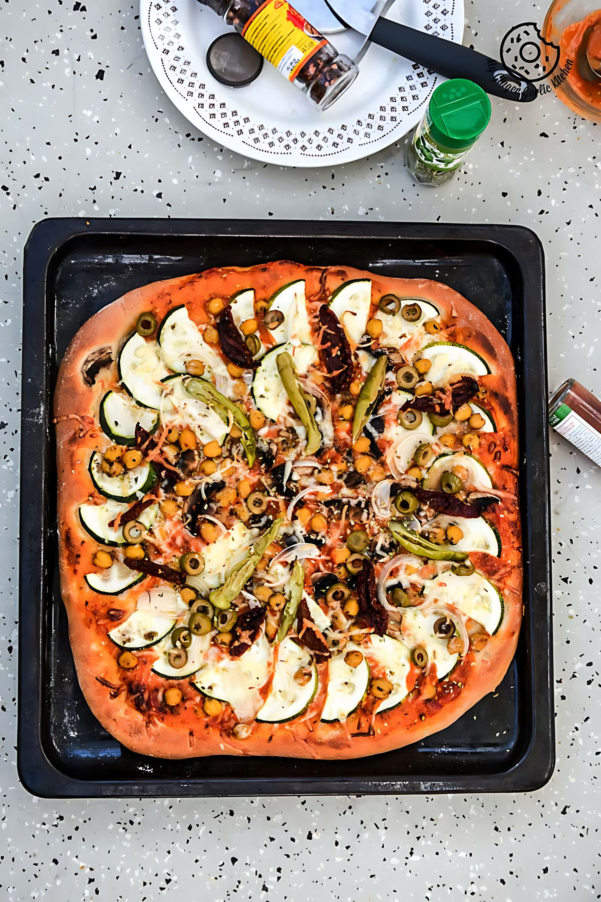 Chickpea Zucchini Mushroom Pizza with Pickled Peppers