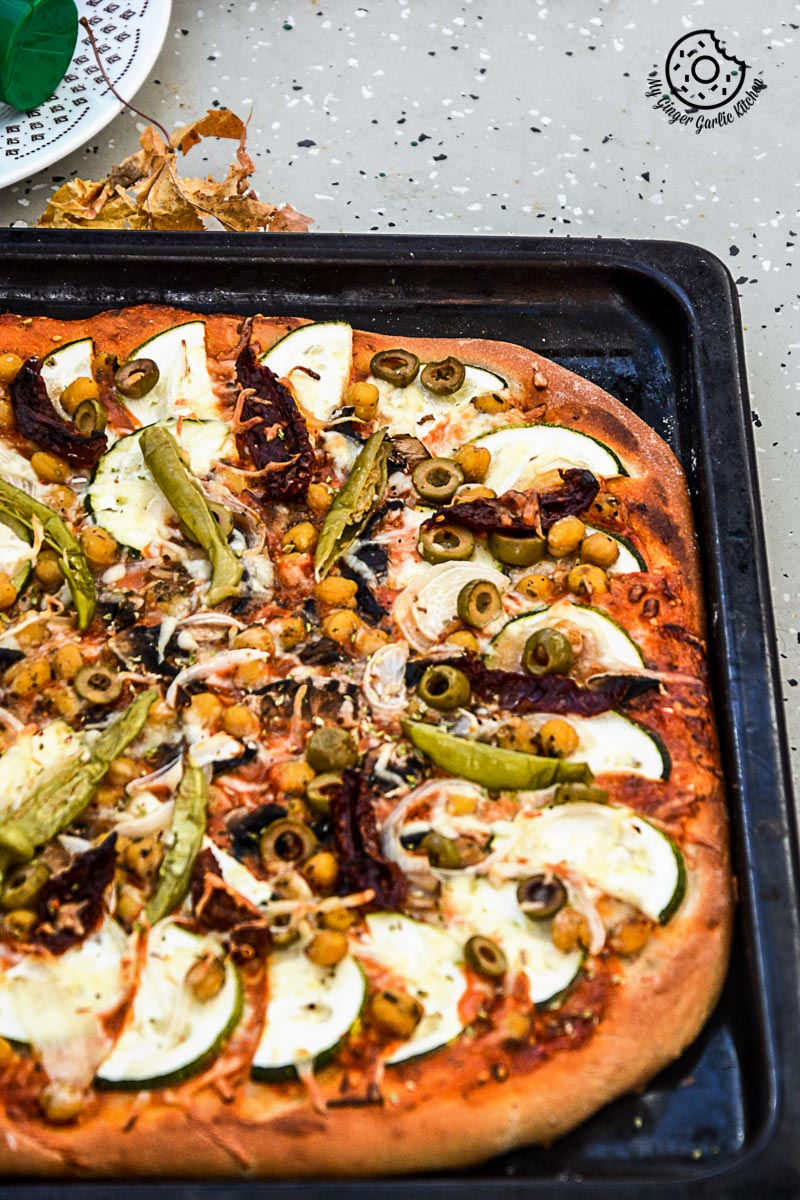 recipe-Chickpea-Zucchini-Mushroom-Pizza-with-Pickled-Peppers-and-Olives|mygingergarlickitchen.com/ @anupama_dreams
