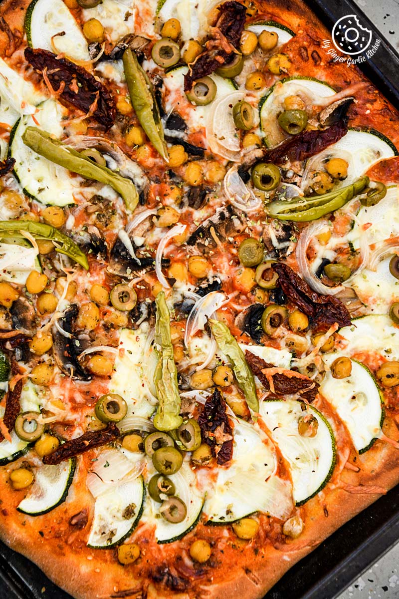 recipe-Chickpea-Zucchini-Mushroom-Pizza-with-Pickled-Peppers-and-Olives|mygingergarlickitchen.com/ @anupama_dreams