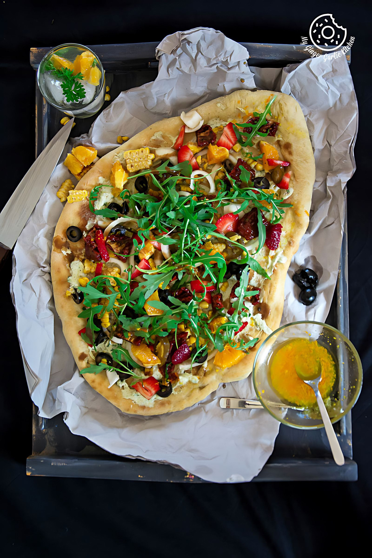 Image of Corn Cream Cheese Flatbread with Orange Vinaigrette