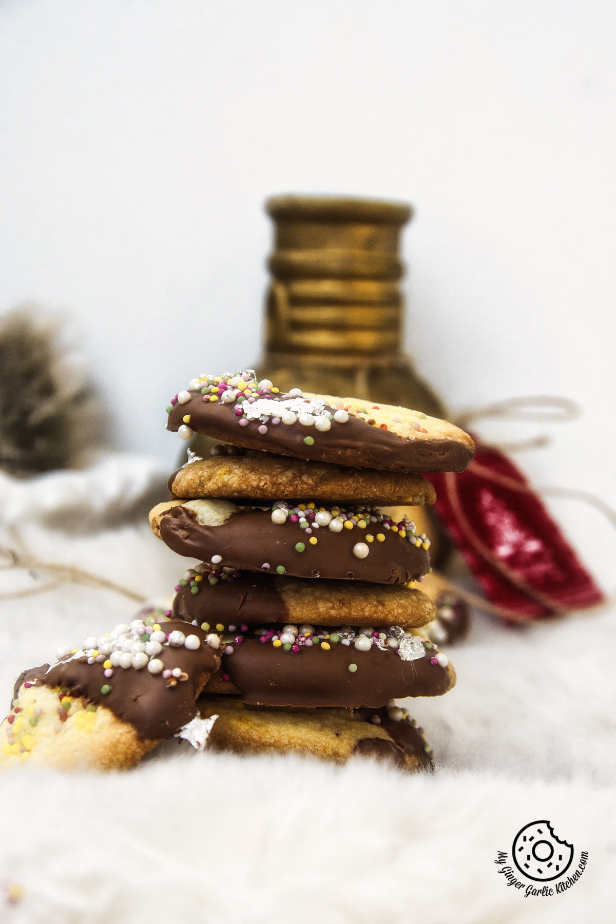 Chocolate Dipped Whipped Shortbread Cranberry Cookies | mygingergarlickitchen.com/ @anupama_dreams