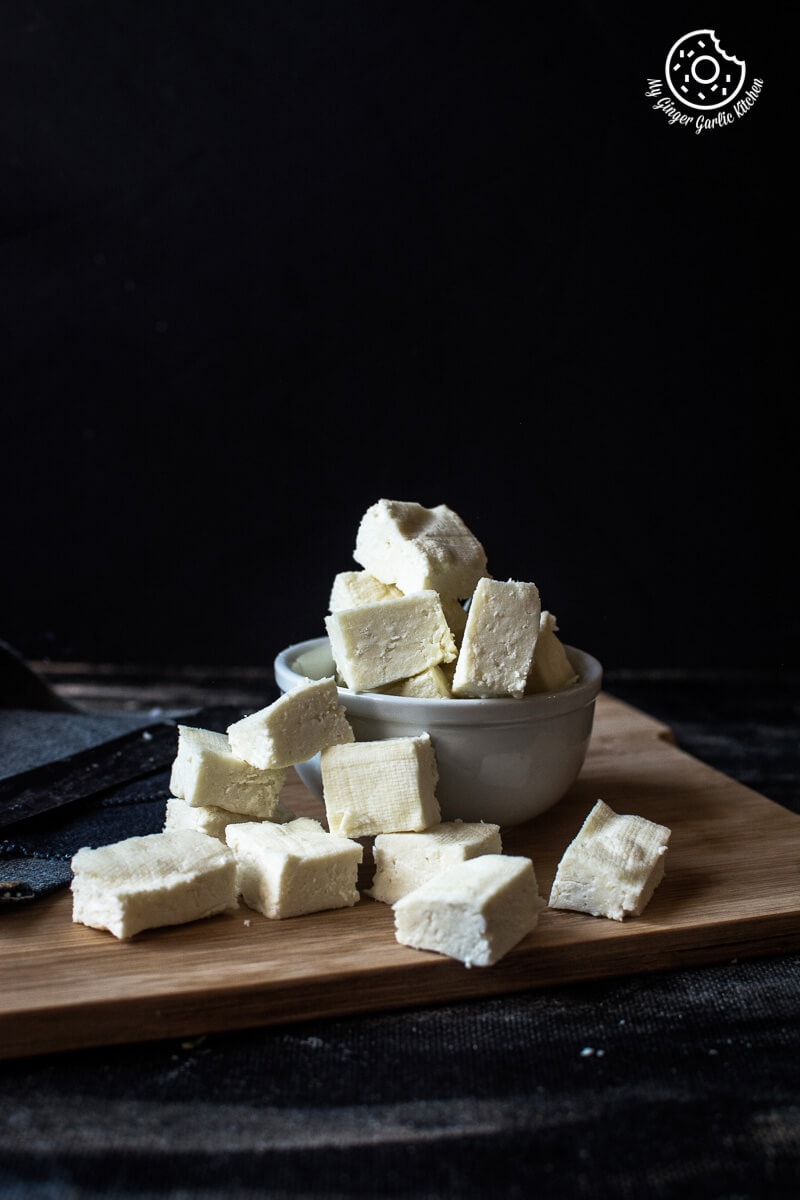 indian cottage cheese cubes in a bowl