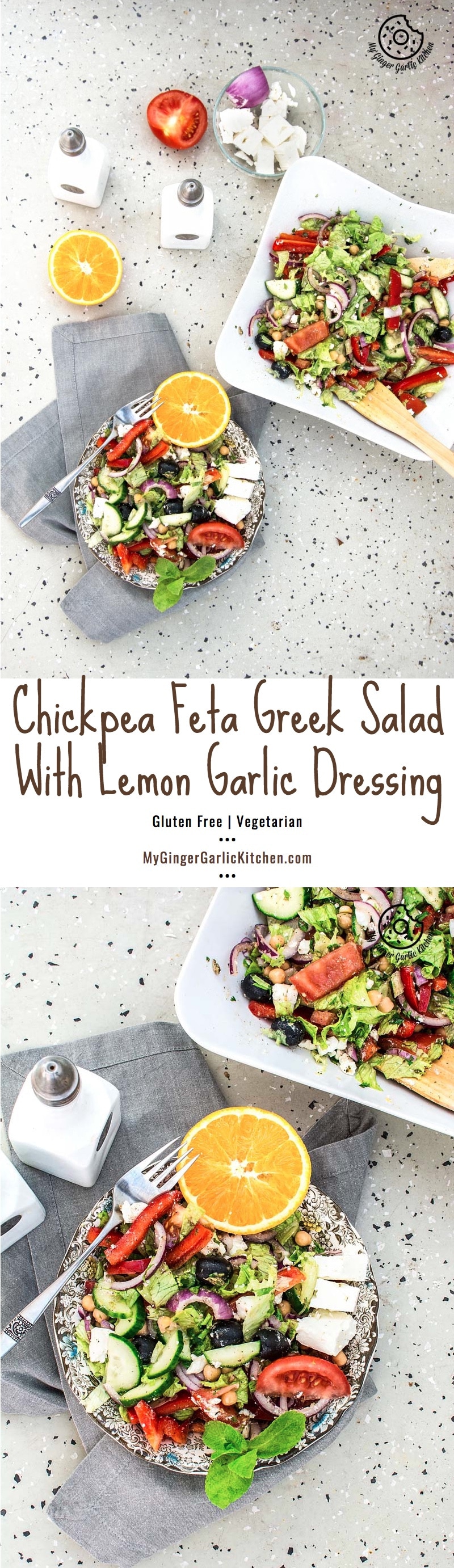 Chickpea Feta Greek Salad With Lemon Garlic Dressing | mygingergarlickitchen.com/ @anupama_dreams