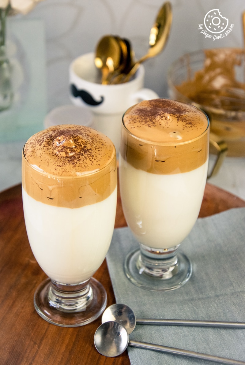 dalgona or whipped coffee served in transparent glasses