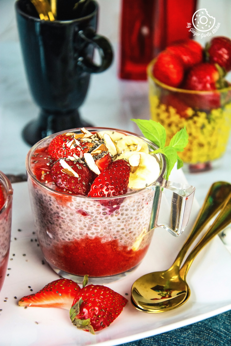easy strawberry chia pudding served in transparent glasses