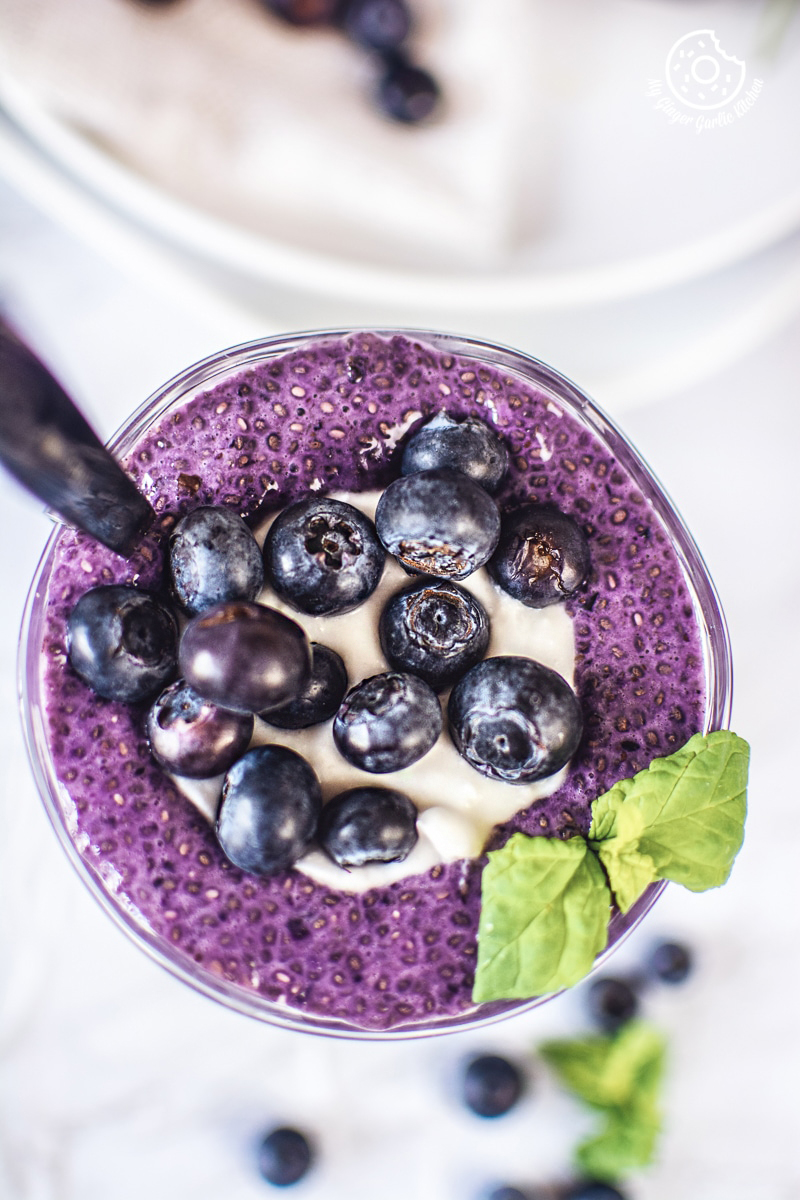 overhead shot of bluberry chia seed pudding