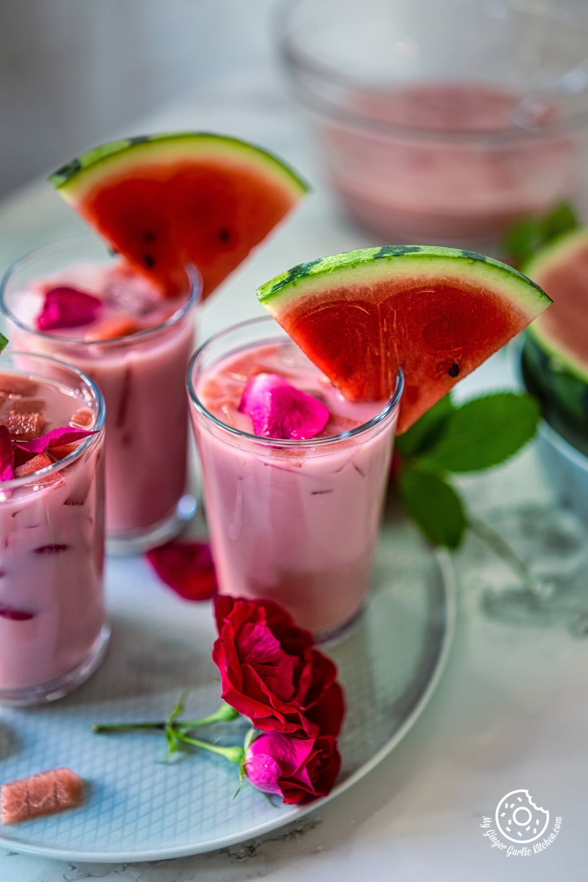 mohabbat ka sharbat glasses with garnished rose petals and watermelon slices