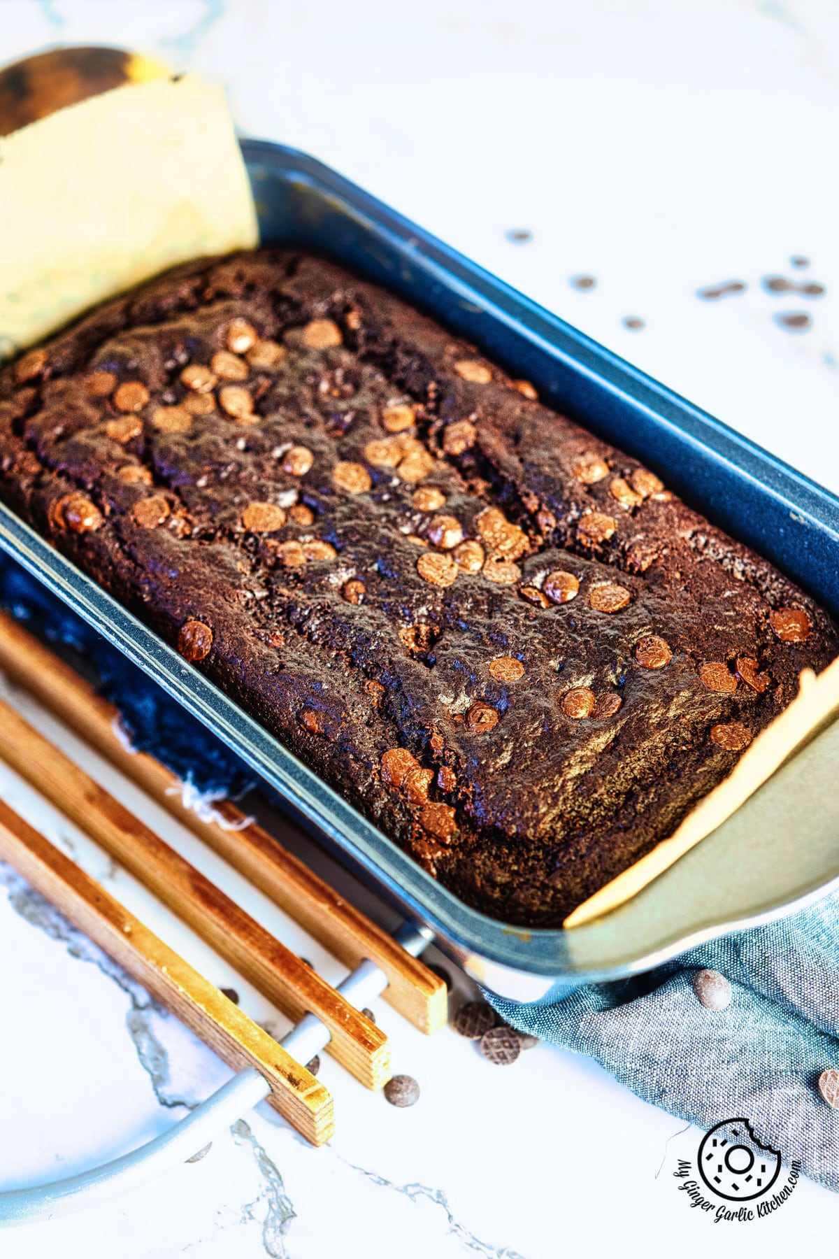 chocolate banana bread whole loaf in a loaf pan