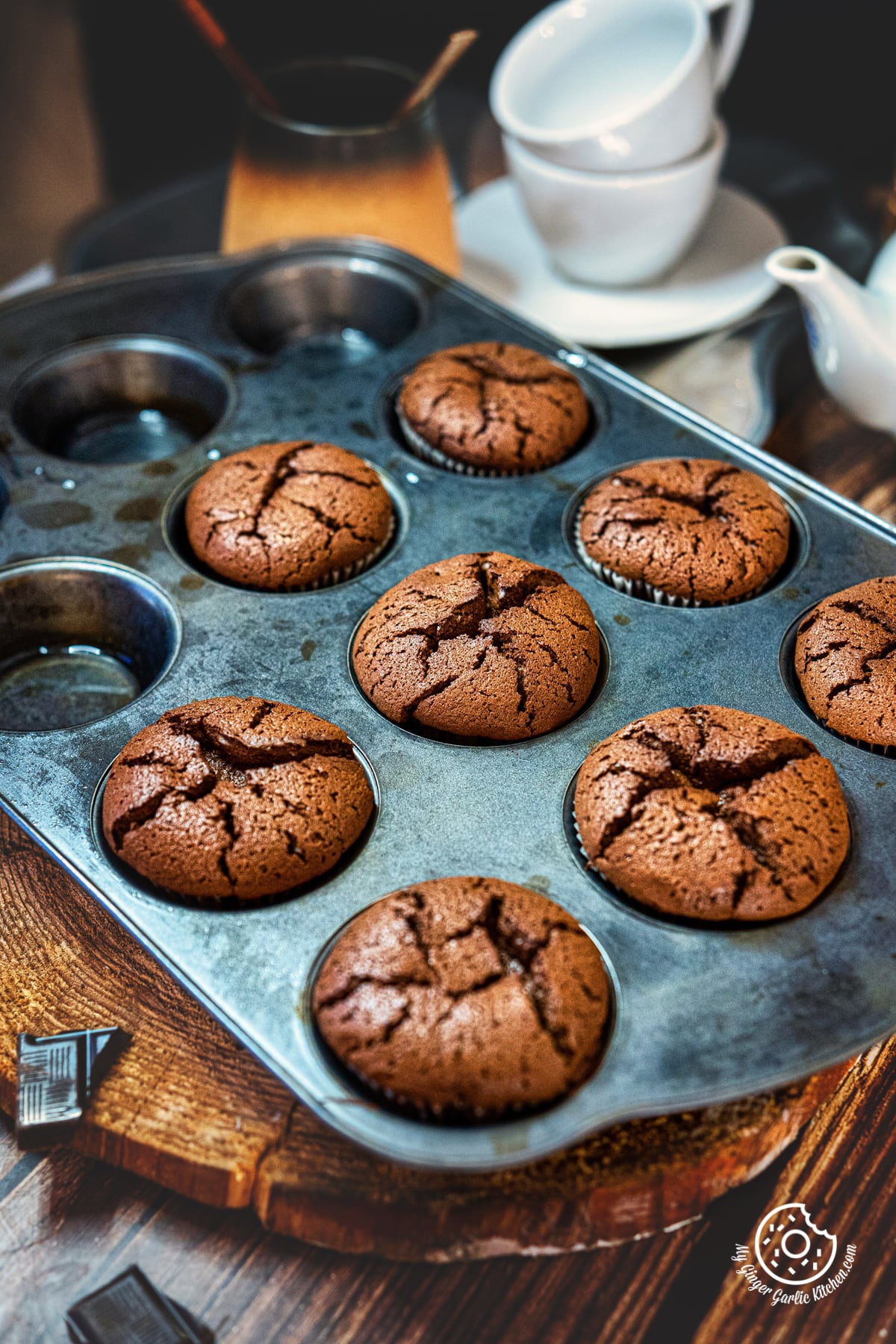eight 2 ingredient chocolate muffins in a muffin pan