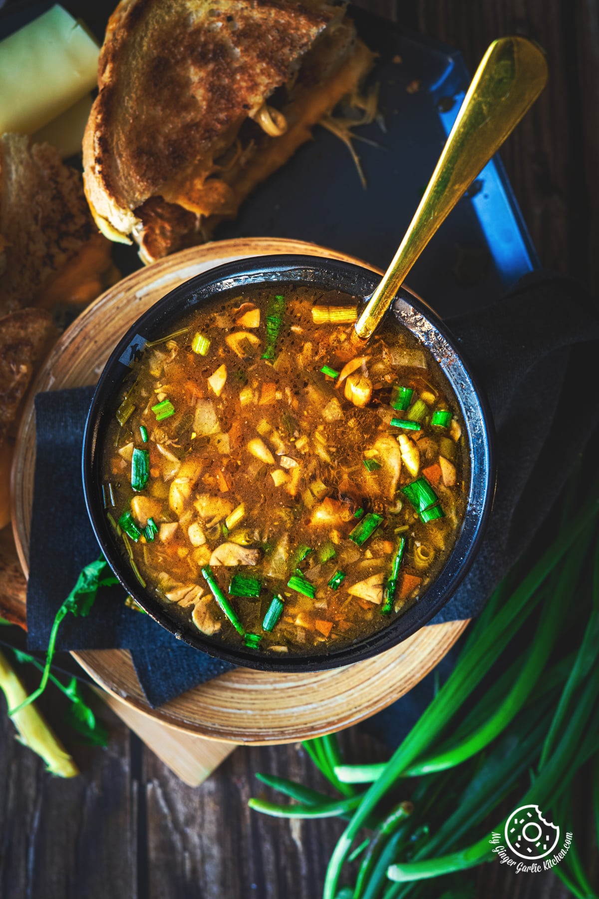 overhead closeup shot of veg hot and sour soup