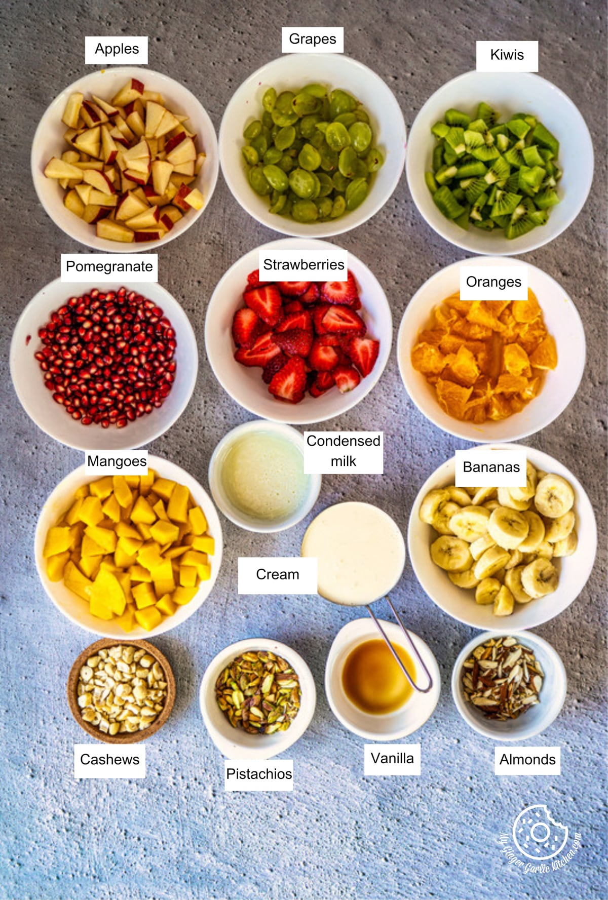 overhead view of fruit cream recipe ingredients