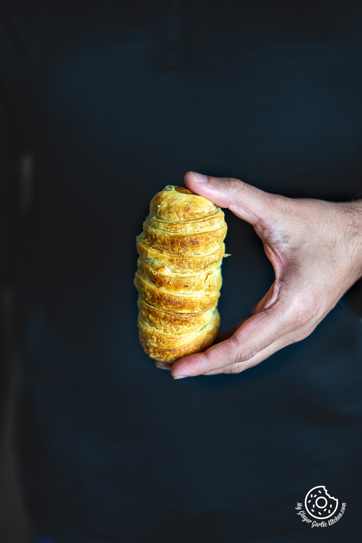 close up of a person holding a samosa roll in the hand
